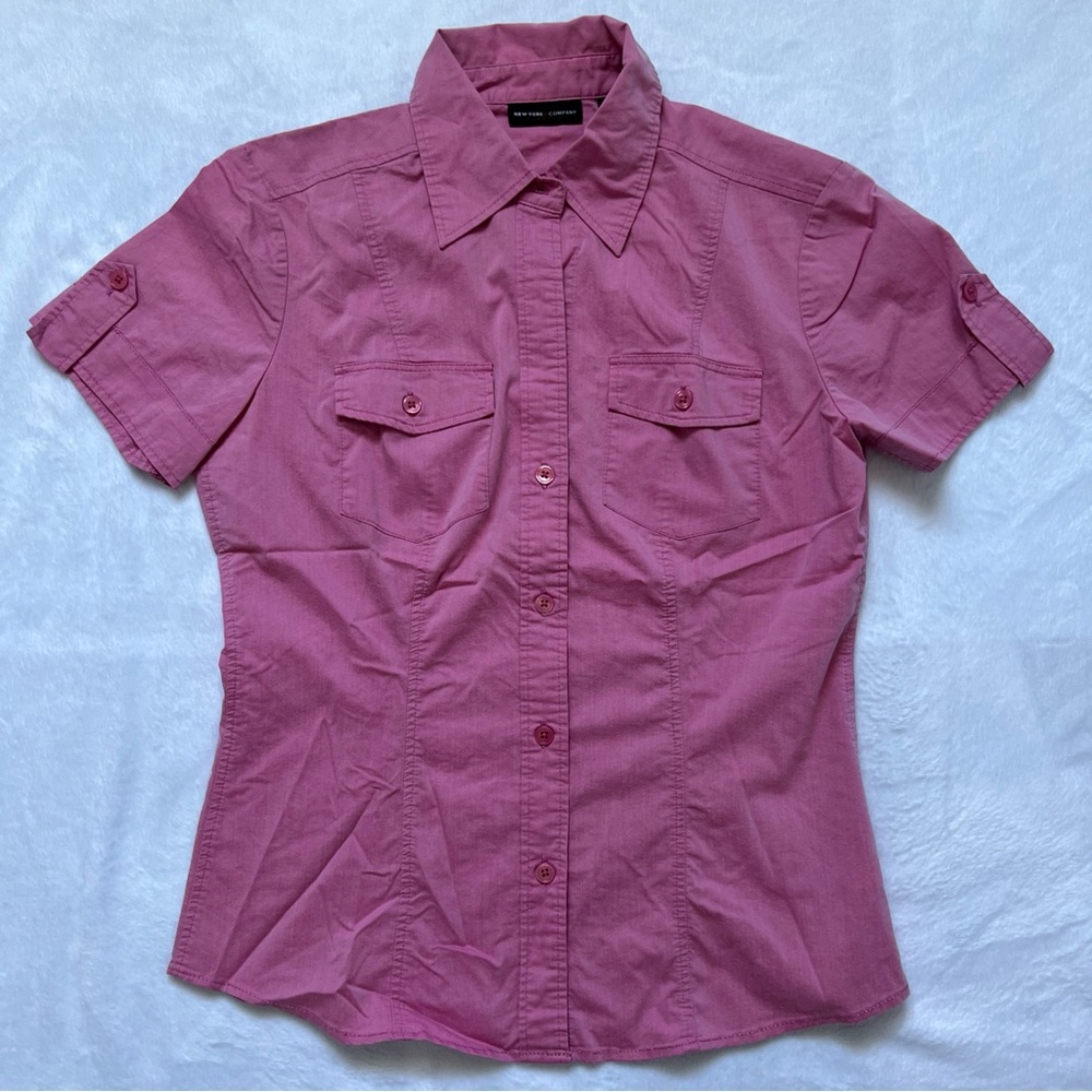 New York & Company Rose-Pink Short Sleeve Button-Up Shirt